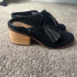 TOMS Black Suede Tassel Mule Clogs with Wood Block Heel